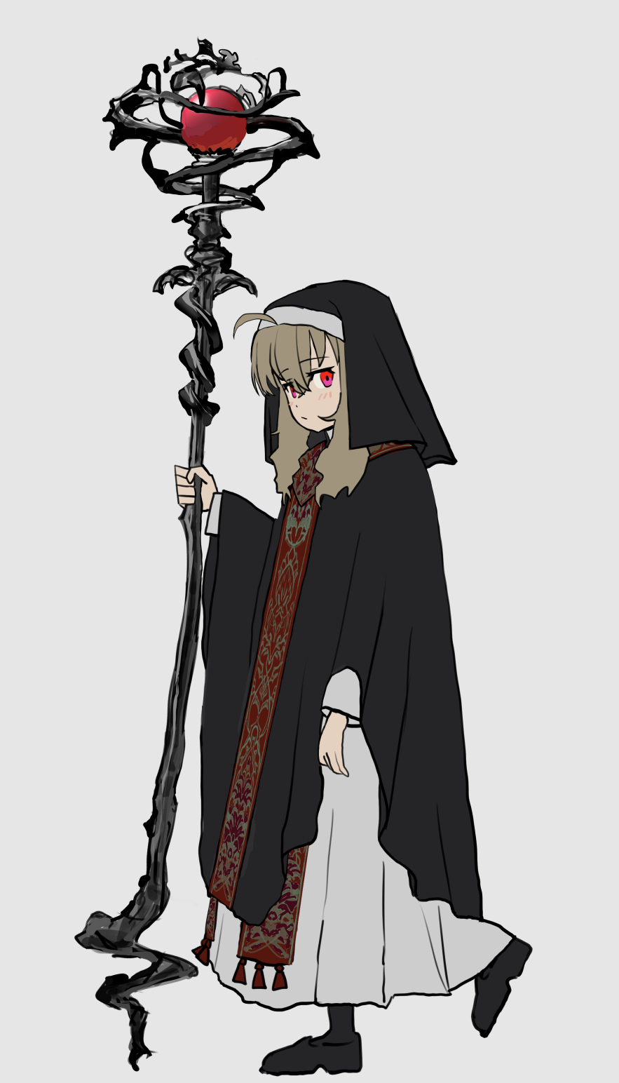 sqq, original, bad id, bad pixiv id, highres, 1girl, ahoge, black robe, black shoes, blonde hair, blush, closed mouth, from side, full body, holding, holding staff, layered clothes, long hair, long sleeves, looking at viewer, looking to the side, red eyes, robe, shoes, simple background, solo, staff, stole, veil, walking, white background, white robe