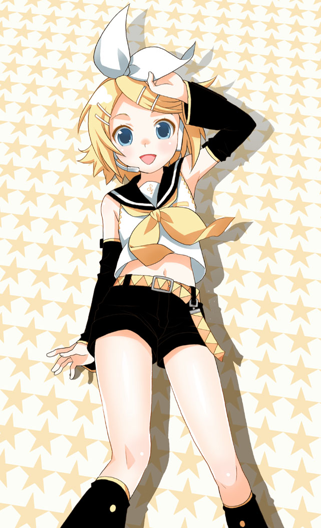 mattaku mousuke, kagamine rin, vocaloid, bad id, bad pixiv id, 1girl, arm up, blonde hair, blue eyes, bow, detached sleeves, female focus, hair ornament, hairclip, headset, midriff, navel, open mouth, short hair, shorts, smile, solo, star (symbol), star symbol background