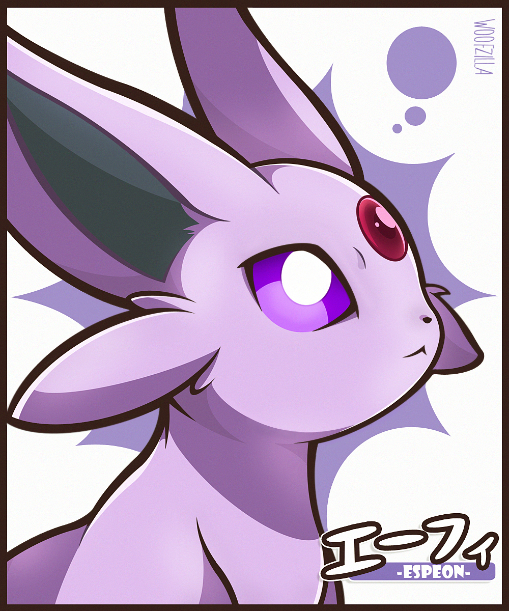 woofzilla, espeon, nintendo, pokemon, commentary, english commentary, highres, translation request, :<, bright pupils, character name, closed mouth, gen 2 pokemon, no humans, pokemon (creature), portrait, purple eyes, signature, solo, white background, white pupils