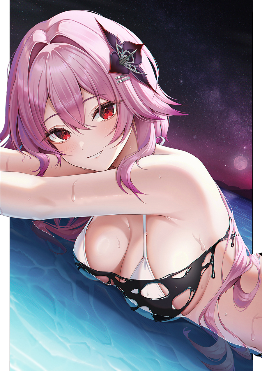 wol (wol 927), evernight (honkai: star rail), march 7th (honkai: star rail), honkai: star rail, honkai (series), highres, 1girl, alternate costume, bare shoulders, bikini, black bikini, black flower, breasts, flower, hair between eyes, hair flower, hair ornament, large breasts, long hair, parted lips, pink hair, red hair, sky, smile, solo, star (sky), starry sky, swimsuit, wet