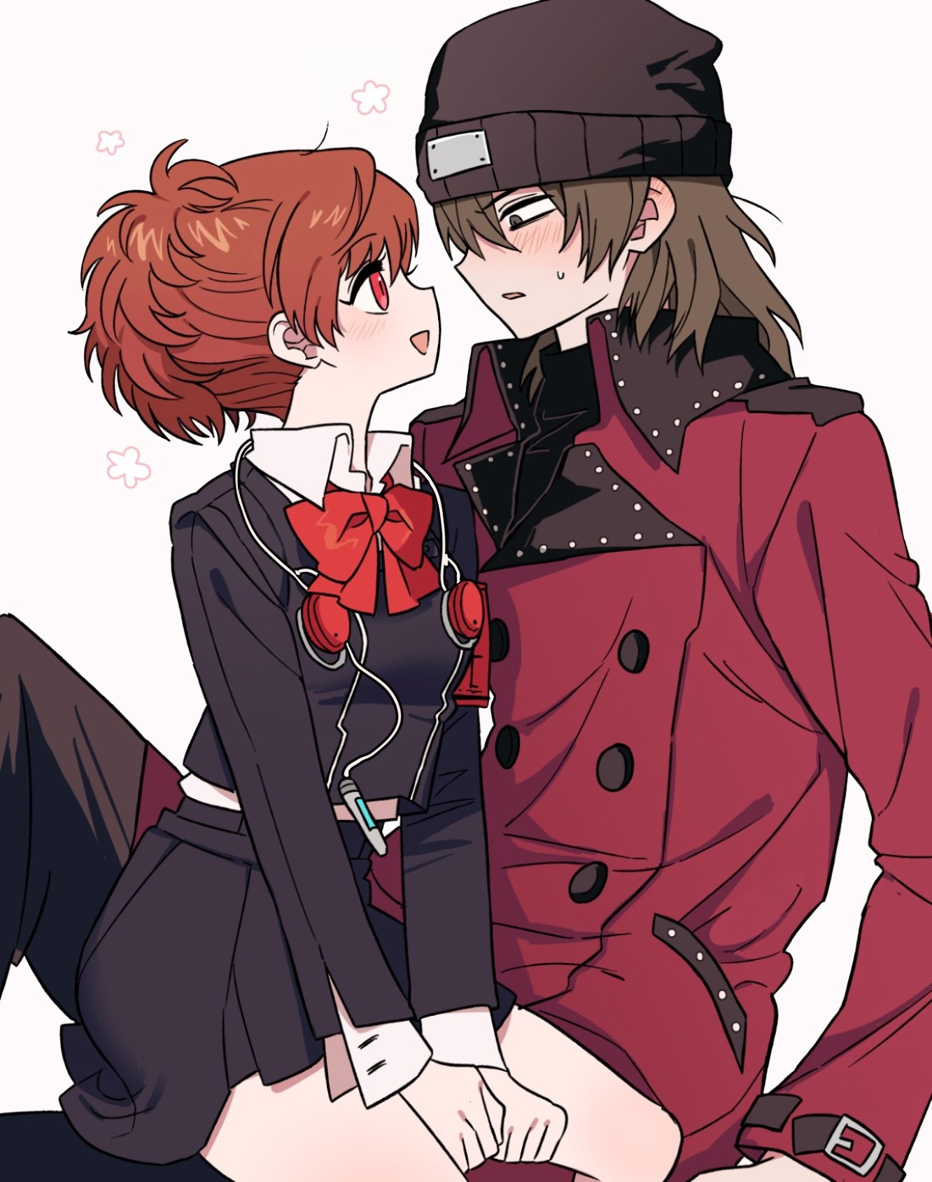 shiryoku kensa, aragaki shinjirou, shiomi kotone, persona, persona 3, persona 3 portable, highres, 1boy, 1girl, beanie, black hat, black jacket, black skirt, blush, bow, brown eyes, brown hair, buttons, coat, digital media player, digital walkman, double-breasted, earphones, feet out of frame, flower symbol, gekkoukan high school uniform, hair between eyes, hands on lap, hat, hetero, jacket, lapels, long sleeves, looking at another, medium hair, open mouth, parted lips, red bow, red coat, red eyes, red hair, school uniform, simple background, sitting, sitting on lap, sitting on person, skirt, smile, sweatdrop, walkman nw-s203f, white background