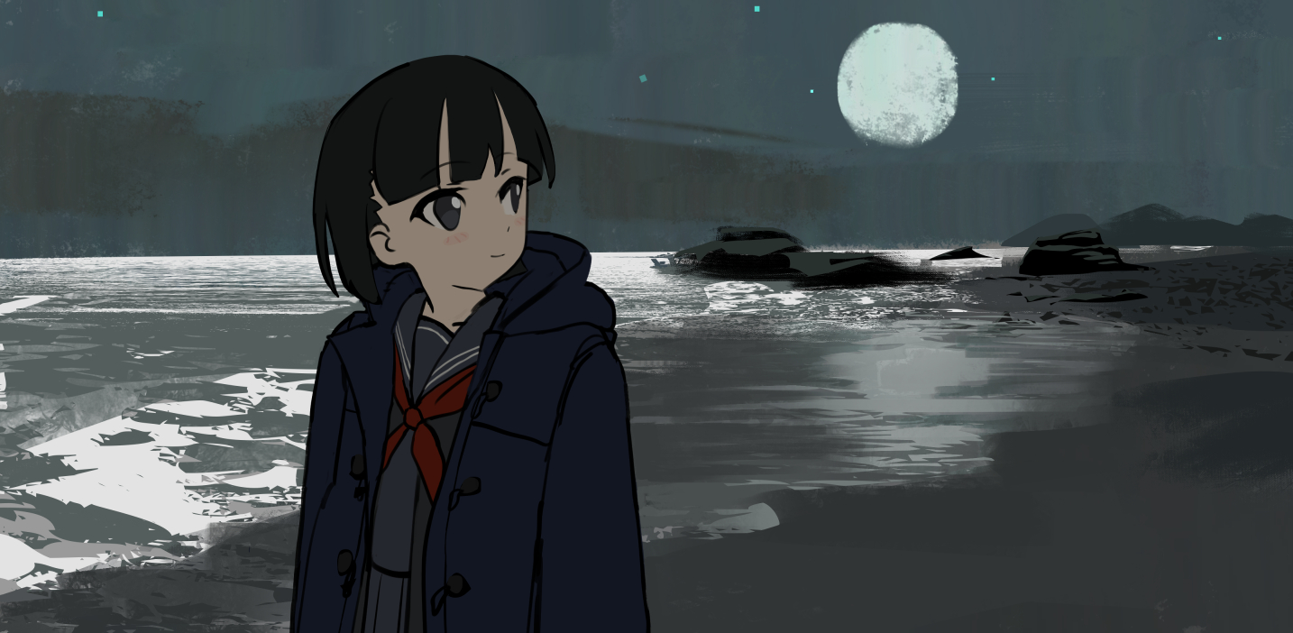 sqq, original, bad id, bad pixiv id, 1girl, arms at sides, beach, black coat, black eyes, black hair, black serafuku, black shirt, black skirt, blush, boulder, closed mouth, coat, full moon, hood, hood down, hooded coat, horizon, long sleeves, looking to the side, moon, neckerchief, night, ocean, open clothes, open coat, outdoors, red neckerchief, school uniform, serafuku, shirt, short hair, skirt, smile, solo, star (sky), upper body
