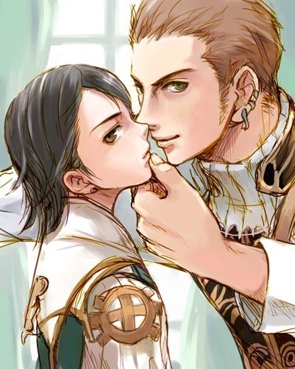 balflear, larsa ferrinas solidor, final fantasy, final fantasy xii, 00s, 2boys, brown hair, earrings, indoors, jewelry, male focus, multiple boys, yaoi