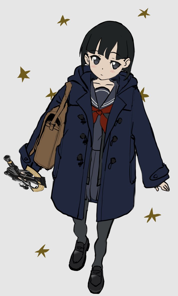 sqq, original, bad id, bad pixiv id, 1girl, arms at sides, bag, black eyes, black hair, black pantyhose, black sailor collar, black serafuku, black shoes, blue coat, blush, closed mouth, coat, expressionless, full body, holding, hood, hood down, hooded coat, loafers, long sleeves, looking at viewer, neckerchief, open clothes, open coat, pantyhose, pleated skirt, red neckerchief, sailor collar, school uniform, serafuku, sextant, shoes, short hair, shoulder bag, simple background, skirt, solo, standing, star (symbol), star symbol background, white background