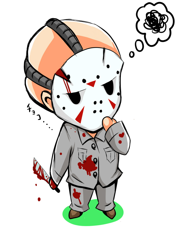jason voorhees, friday the 13th, bad id, bad pixiv id, blood, chibi, hockey mask, knife, male focus, mask, solo, weapon