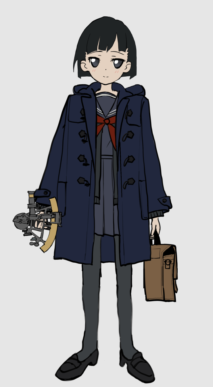 sqq, original, bad id, bad pixiv id, highres, 1girl, arms at sides, bag, black eyes, black hair, black pantyhose, black sailor collar, black serafuku, black shoes, blue coat, blush, briefcase, closed mouth, coat, full body, holding, holding briefcase, hood, hood down, hooded coat, loafers, long sleeves, looking at viewer, neckerchief, open clothes, open coat, pantyhose, pleated skirt, red neckerchief, sailor collar, school uniform, serafuku, sextant, shoes, short hair, simple background, skirt, smile, solo, standing, straight-on, white background