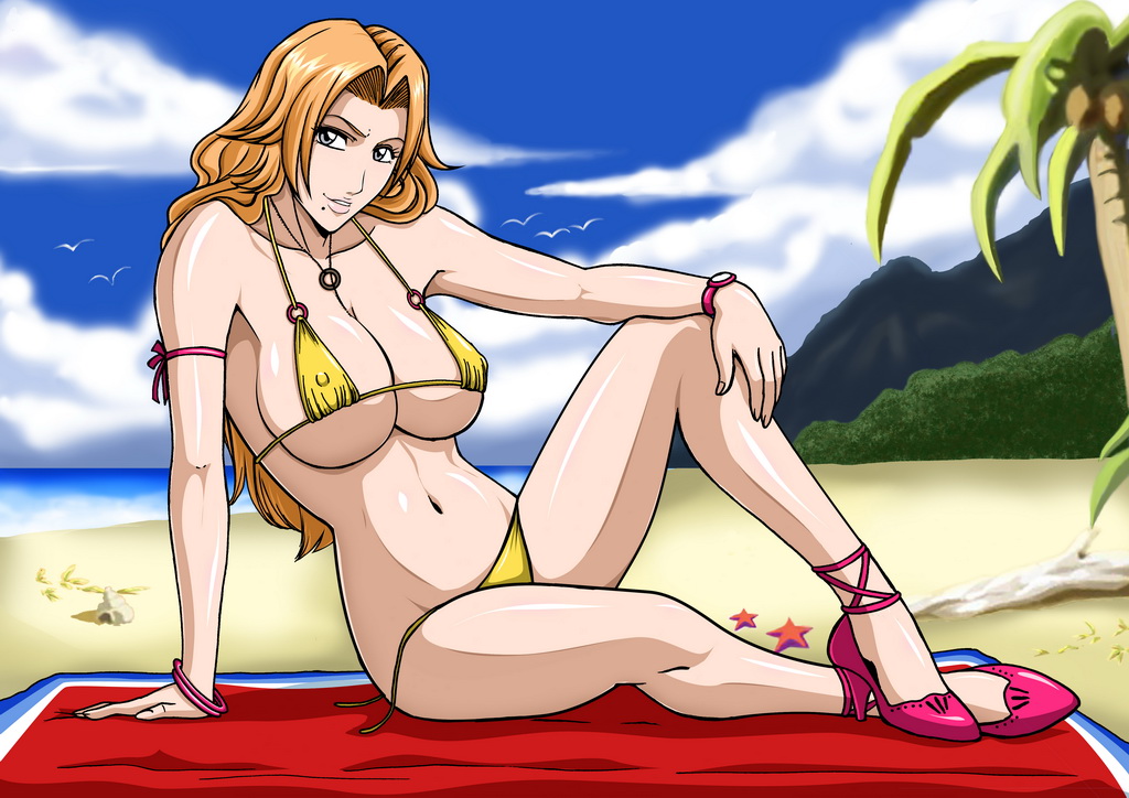nagano tenzen, tenzen (netspike), matsumoto rangiku, bleach, untied, self-upload, 00s, 1girl, armband, beach, bikini, bracelet, breasts, cleavage, covered erect nipples, day, female focus, high heels, jewelry, large breasts, long hair, micro bikini, mole, mole under mouth, orange hair, outdoors, shoes, solo, swimsuit, towel, watch, wristwatch