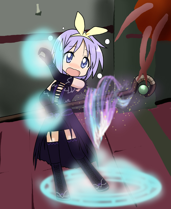 hiiragi tsukasa, lucky star, non-web source, blue eyes, cosplay, elbow gloves, gloves, hair ribbon, magic circle, magical girl, purple hair, ribbon, short hair, solo, staff, thighhighs