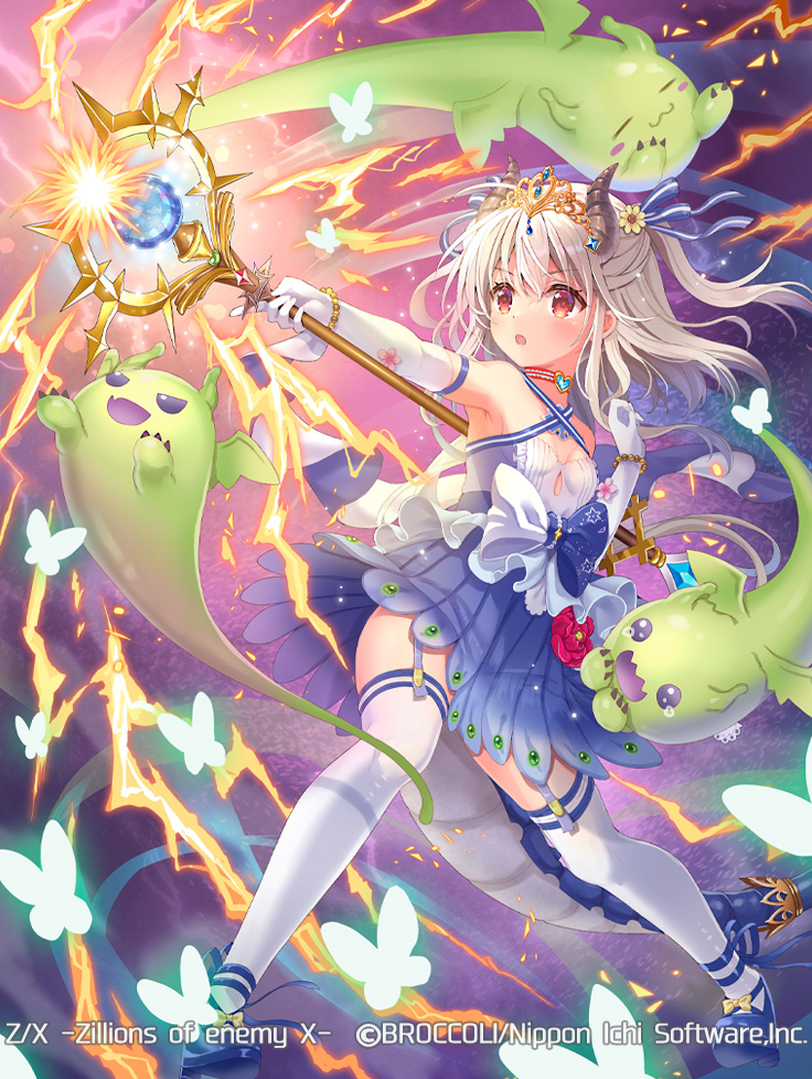 serino itsuki, dragon princess (z/x), z/x, official art, 1girl, :o, armpits, blue dress, blue shoes, bow, bracelet, breasts, bug, butterfly, copyright notice, crown, dragon, dragon girl, dragon horns, dragon tail, dress, elbow gloves, flower, footwear bow, gloves, glowing butterfly, grey hair, hair flower, hair ornament, holding, holding staff, horns, insect, jewelry, medium hair, red eyes, shoes, small breasts, staff, tail, thighhighs, two side up, white gloves, white thighhighs, yellow bow