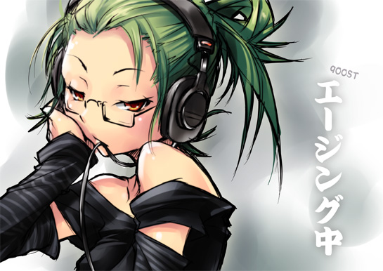 nilitsu, original, tagme, glasses, green hair, headphones, mouth hold, solo