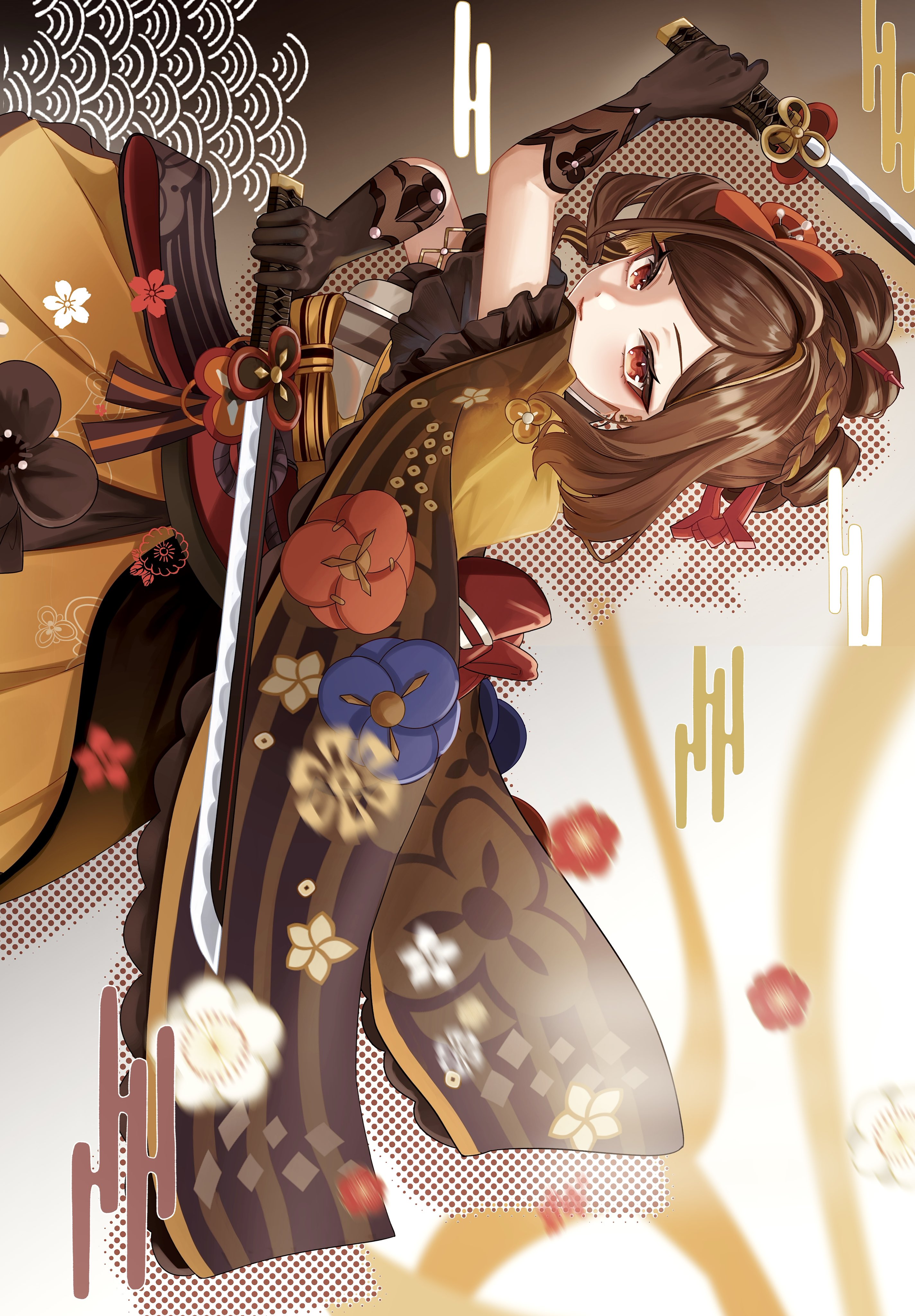 gnsn tukituki, chiori (genshin impact), genshin impact, absurdres, commentary request, highres, 1girl, black gloves, bow, brown hair, closed mouth, dual wielding, from side, gloves, grey kimono, hands up, holding, holding sword, holding weapon, japanese clothes, kimono, looking at viewer, looking to the side, red eyes, short kimono, short sleeves, sideways, skirt, solo, striped bow, sword, weapon, yellow bow, yellow skirt