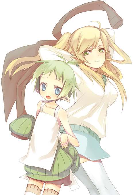 kimura shiroro, original, white legwear, 2girls, arms up, belt, blue eyes, blush, breasts, buckle, green hair, large breasts, long hair, looking at viewer, miniskirt, multiple girls, pointy ears, shoes, simple background, skirt, standing, thighhighs, white background, yellow eyes, zettai ryouiki