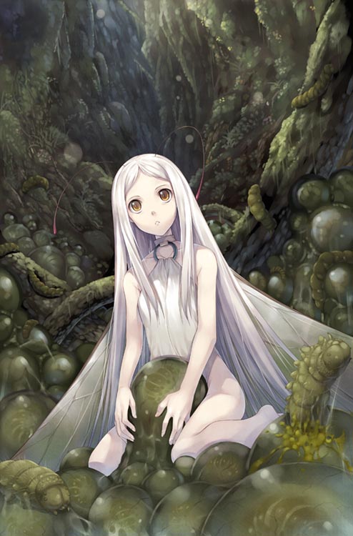 hagure keg, original, 1girl, antennae, barefoot, fantasy, female focus, long hair, no panties, solo, white hair, wings, yellow eyes