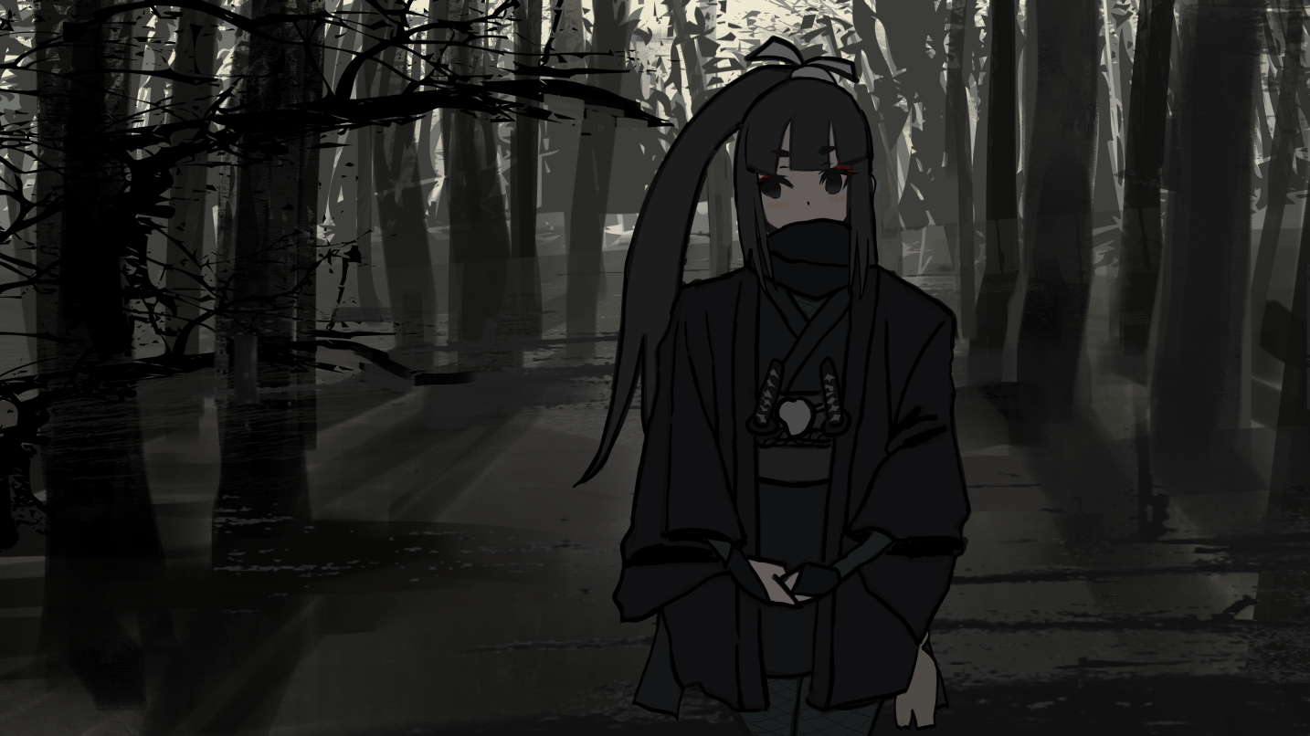 sqq, original, bad id, bad pixiv id, 1girl, armor, black eyes, black hair, black kimono, black pantyhose, black scarf, blunt bangs, blush, cowboy shot, eyeliner, forest, hair ribbon, haori, high ponytail, japanese armor, japanese clothes, kimono, kote, long hair, long sleeves, looking to the side, makeup, monochrome background, nature, ninja, outdoors, own hands together, pantyhose, ponytail, red eyeliner, ribbon, scarf, scarf over mouth, sheath, sheathed, short kimono, short sword, solo, standing, sword, tantou, tree, weapon