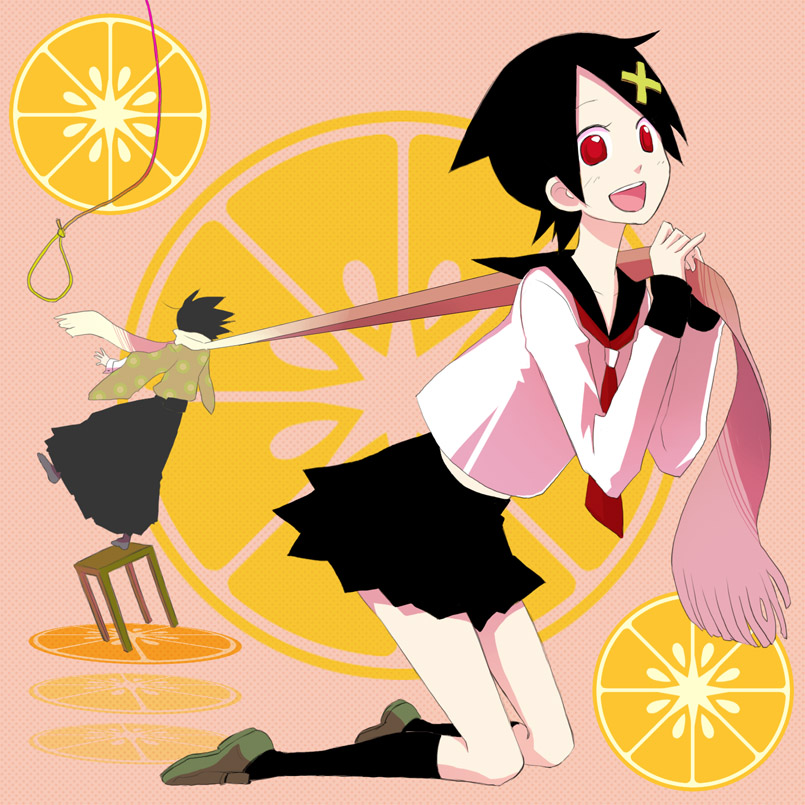 topeko, fuura kafuka, itoshiki nozomu, sayonara zetsubou sensei, 00s, black hair, hair ornament, hairclip, japanese clothes, kneeling, noose, open mouth, red eyes, rope, scarf, school uniform, serafuku, short hair, skirt, stool