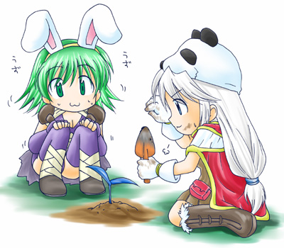 shinozuki takumi, assassin (ragnarok online), creator (ragnarok online), ragnarok online, commentary request, lowres, 2000s (style), 2girls, :3, animal ears, blue eyes, boots, brown boots, brown dress, cape, closed mouth, dress, fake animal ears, fingerless gloves, full body, fur-trimmed boots, fur trim, gloves, green eyes, green hair, grey hair, holding trowel, long hair, low-tied long hair, multiple girls, plant, purple gloves, purple thighhighs, rabbit ears, red cape, short hair, sitting, smile, thighhighs, white gloves
