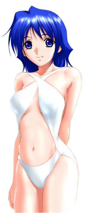jpeg artifacts, non-web source, blue eyes, blue hair, pretzel bikini, short hair, slingshot swimsuit, solo, swimsuit