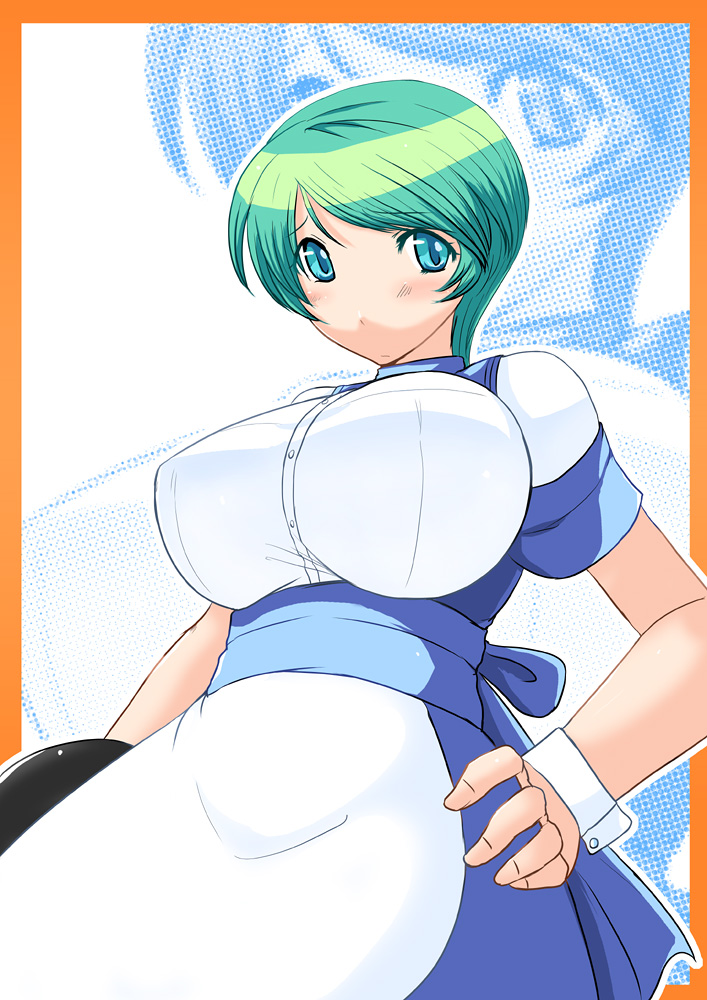 za (artist), bad id, bad pixiv id, 1girl, apron, blue eyes, breasts, female focus, green hair, hand on own hip, huge breasts, kobeya uniform, short hair, solo, tray, waitress, waitress uniform, zoom layer