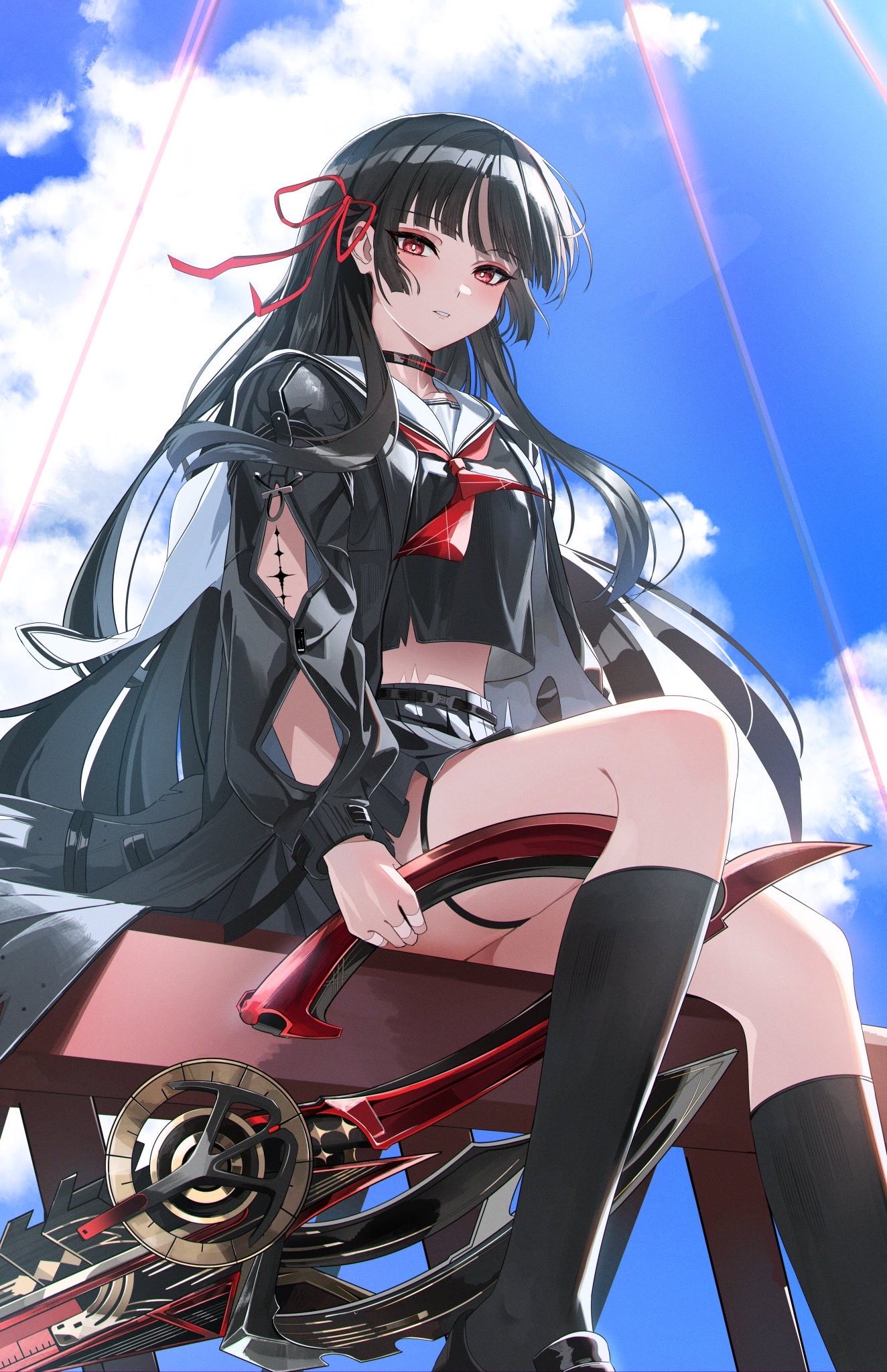 rin0 (gujrv), chisa (wuthering waves), wuthering waves, commentary, highres, 1girl, arm cutout, black choker, black hair, black serafuku, black shirt, black skirt, blue sky, choker, clothing cutout, crop top, day, hair ribbon, holding, holding sword, holding weapon, long hair, long sleeves, neckerchief, outdoors, parted lips, red eyes, red neckerchief, red ribbon, ribbon, sailor collar, school uniform, serafuku, shirt, sitting, skirt, sky, solo, sword, tacet mark (wuthering waves), thighs, weapon, white sailor collar