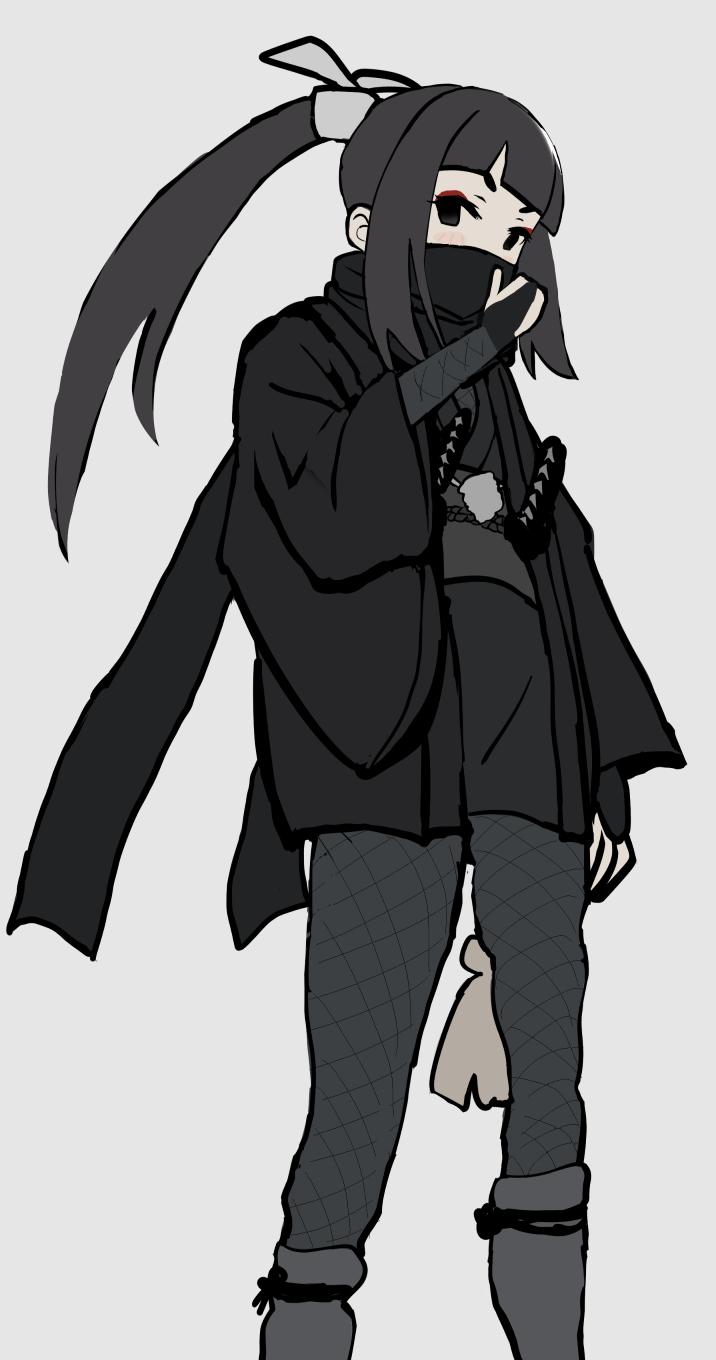 sqq, bad id, bad pixiv id, highres, 1girl, adjusting scarf, arm at side, armor, black eyes, black hair, black kimono, black pantyhose, blunt bangs, feet out of frame, fishnet pantyhose, fishnets, glaring, grey background, hair ribbon, hand up, haori, high ponytail, japanese armor, japanese clothes, kimono, kote, long hair, long sleeves, looking at viewer, looking to the side, ninja, obi, obijime, pantyhose, ponytail, ribbon, sash, scarf, scarf over mouth, sheath, sheathed, short eyebrows, short kimono, short sword, simple background, solo, standing, sword, tantou, v-shaped eyebrows, weapon, white ribbon