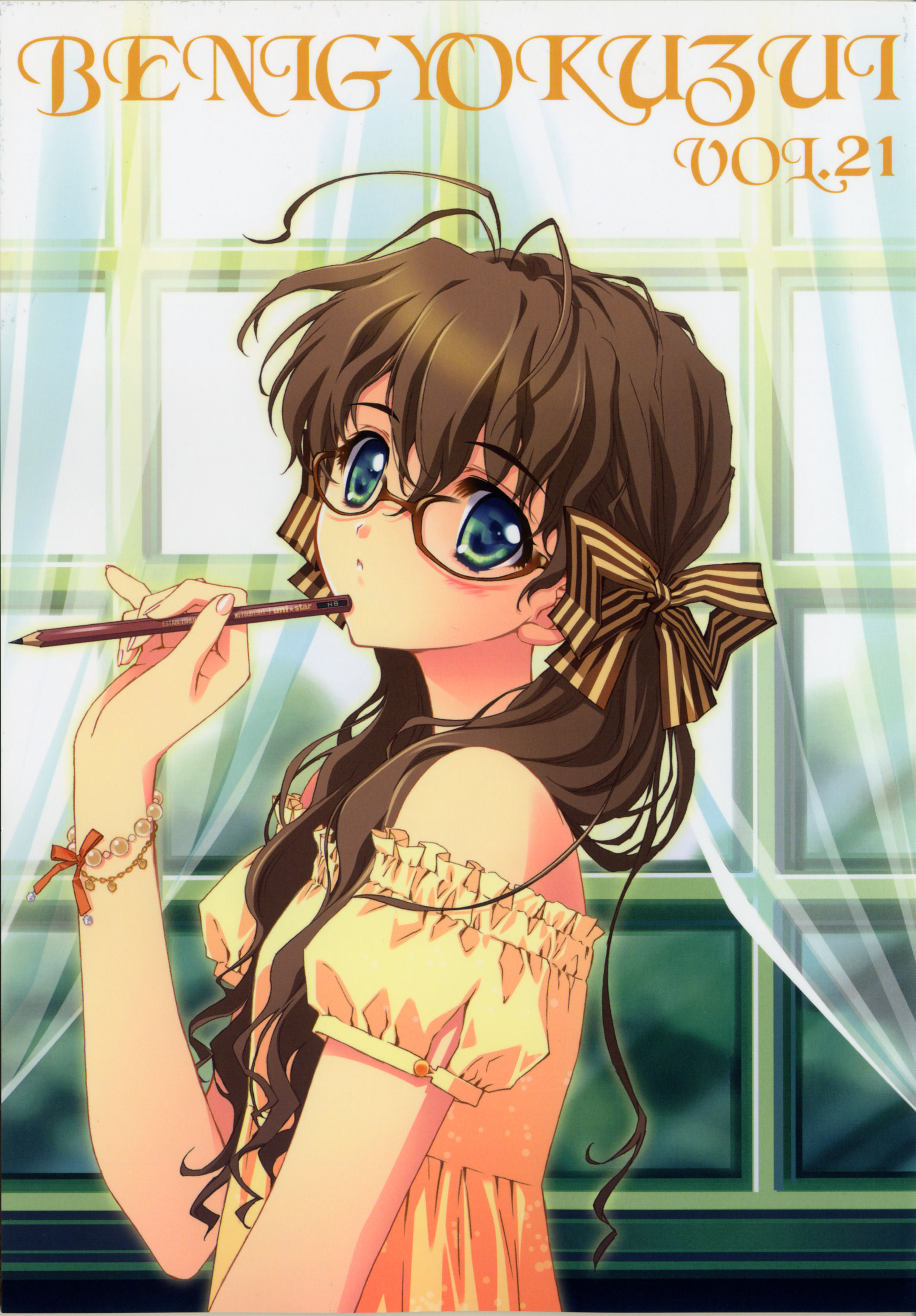 carnelian, absurdres, highres, scan, 1girl, antenna hair, blouse, bracelet, brown hair, female focus, glasses, green eyes, hair between eyes, hair ribbon, jewelry, long hair, pencil, ribbon, shirt, solo, twintails, wooden pencil, yellow shirt
