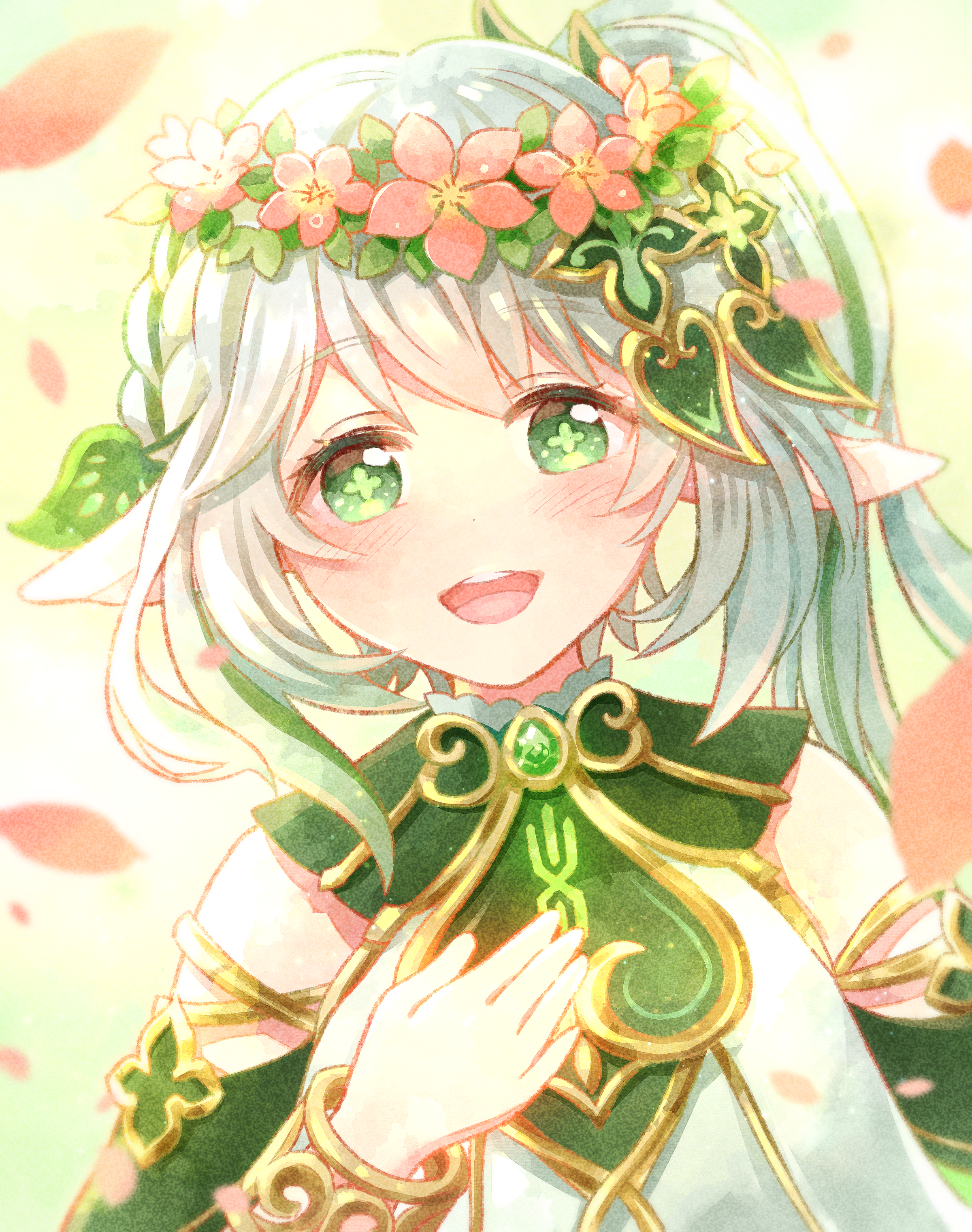 hina cassiopeia, nahida (genshin impact), genshin impact, absurdres, commentary request, highres, 1girl, :d, bare shoulders, blush, bracelet, cross-shaped pupils, detached sleeves, flower, flower wreath, gem, gold trim, green eyes, green gemstone, green hair, green sleeves, hair ornament, hand up, head wreath, jewelry, leaf hair ornament, long hair, looking at viewer, multicolored hair, open mouth, pink flower, pointy ears, sleeveless, smile, solo, symbol-shaped pupils, teeth, upper body, upper teeth only, white hair