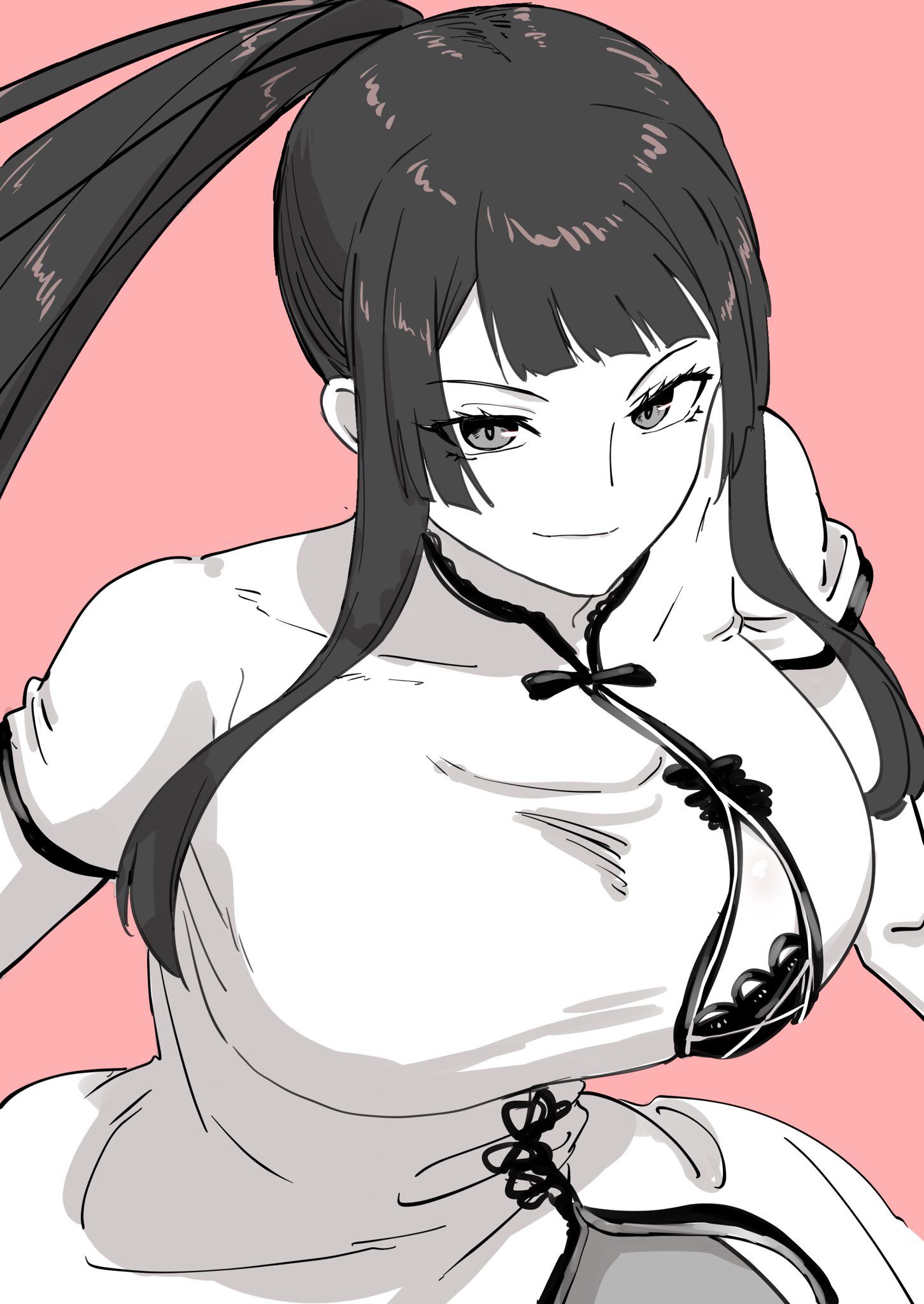 minorun9, nue (nue no onmyouji), nue no onmyouji, highres, 1girl, alternate costume, blunt bangs, bra, breasts, chinese clothes, large breasts, monochrome, ponytail, short sleeves, side slit, sidelocks, smile, underwear