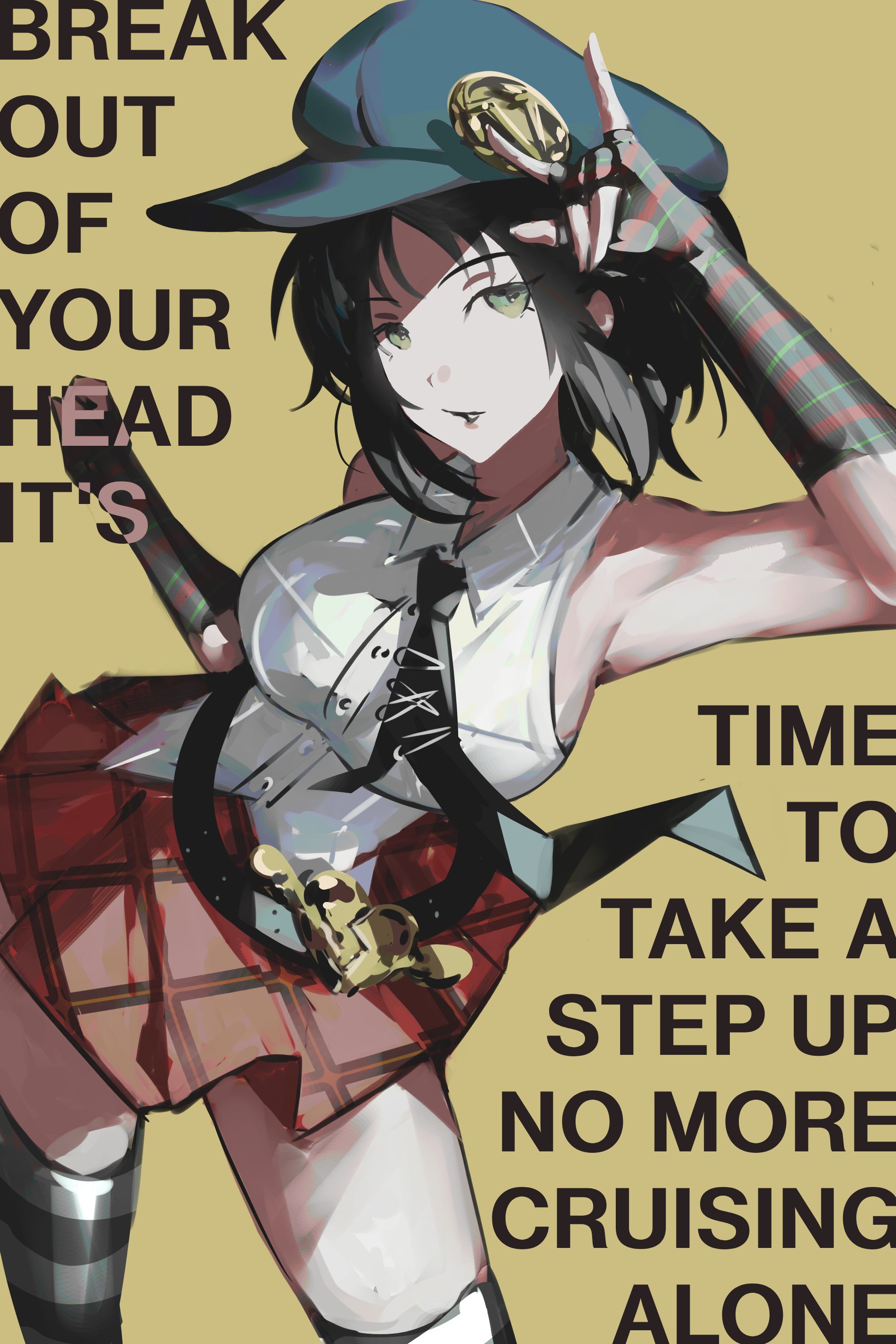 k1kiwa, marie (persona 4), persona, persona 4, persona 4: the ultimate in mayonaka arena, persona 4: the ultimax ultra suplex hold, persona 4 the golden, absurdres, commentary request, highres, 1girl, m/, bare shoulders, belt, black belt, black hair, black necktie, black thighhighs, blue hat, breasts, cowboy shot, dress shirt, english text, fingerless gloves, gloves, green eyes, hat, impossible clothes, large breasts, looking at viewer, lyrics, necktie, newsboy cap, parted lips, plaid clothes, plaid skirt, pleated skirt, red skirt, shirt, short hair, sideboob, simple background, skirt, sleeveless, sleeveless shirt, solo, striped clothes, striped gloves, striped thighhighs, thighhighs, two-tone thighhighs, white shirt, white thighhighs, yellow background, zettai ryouiki
