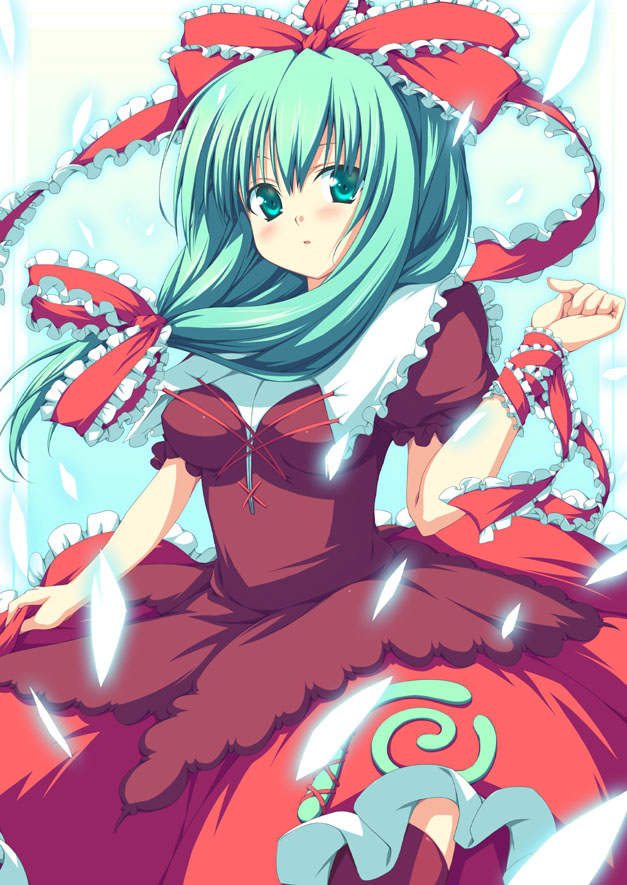 imuraya ayuka, kagiyama hina, touhou, bad id, bad pixiv id, 1girl, breasts, female focus, front ponytail, gradient background, green eyes, green hair, hair ribbon, long hair, ribbon, solo, standing, thighhighs
