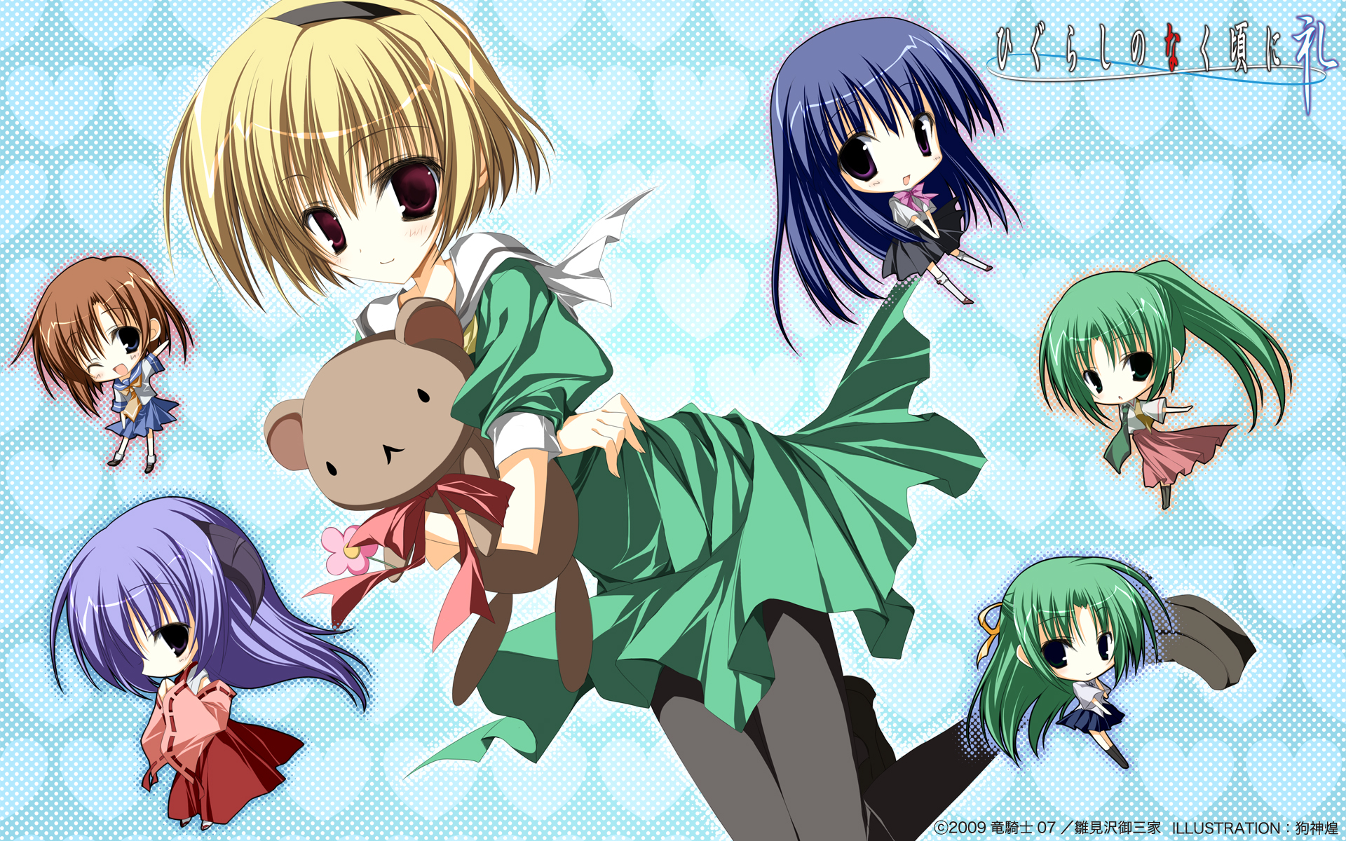 inugami kira, furude rika, hanyuu, houjou satoko, maebara keiichi, ryuuguu rena, sonozaki mion, sonozaki shion, higurashi no naku koro ni, highres, 00s, 6+girls, bear, blonde hair, blue eyes, blue hair, brown hair, chibi, dress, flower, green hair, green skirt, hairband, half updo, horns, long hair, multiple girls, pantyhose, ponytail, purple hair, red eyes, sailor dress, school uniform, serafuku, siblings, sisters, skirt, stuffed animal, stuffed toy, teddy bear, twins