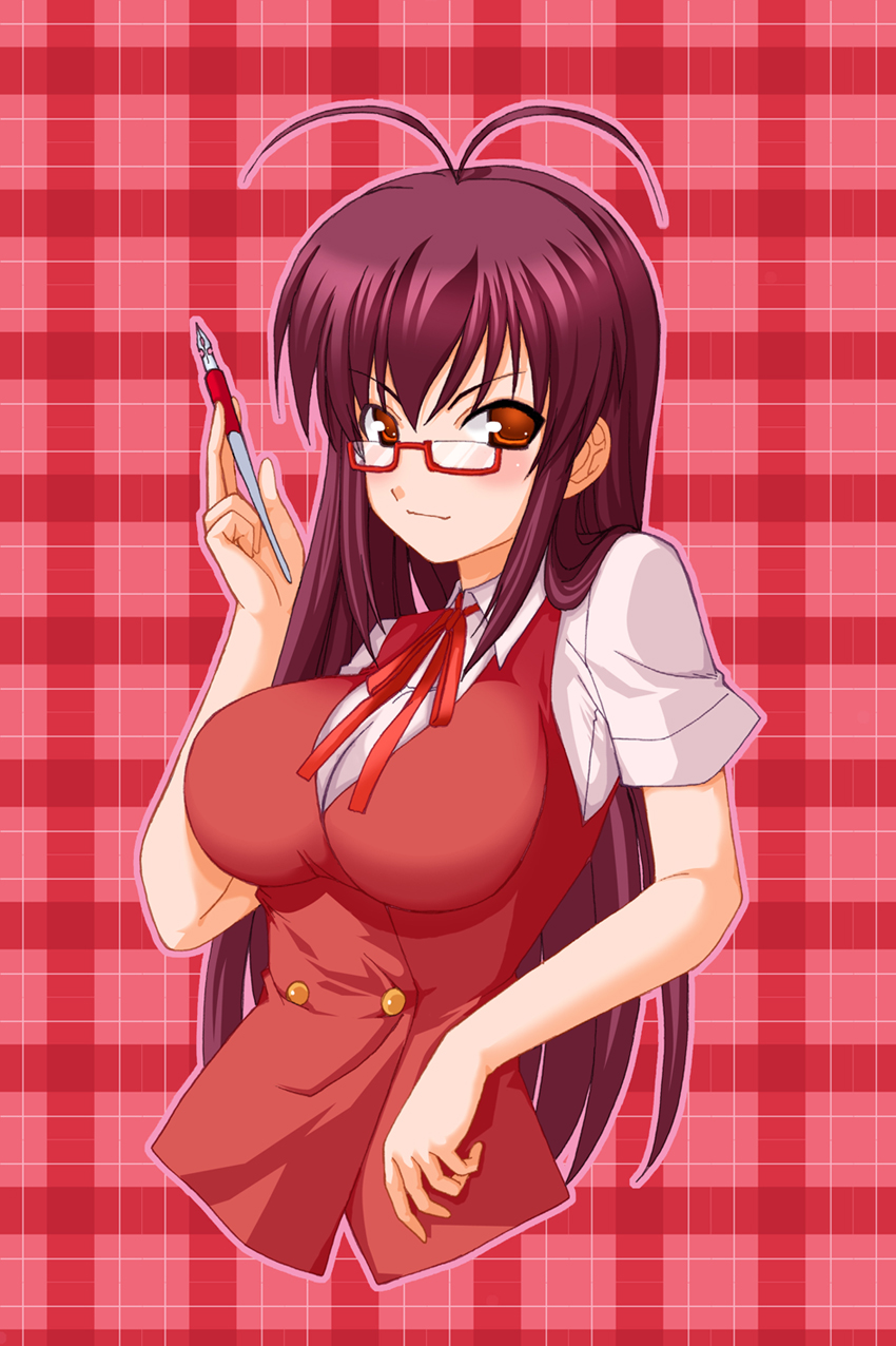 kisaragi yuki, saotome haruna, mahou sensei negima!, highres, 00s, 1girl, antenna hair, black hair, breasts, female focus, glasses, large breasts, outline, pen, plaid background, red eyes, school uniform, solo, upper body