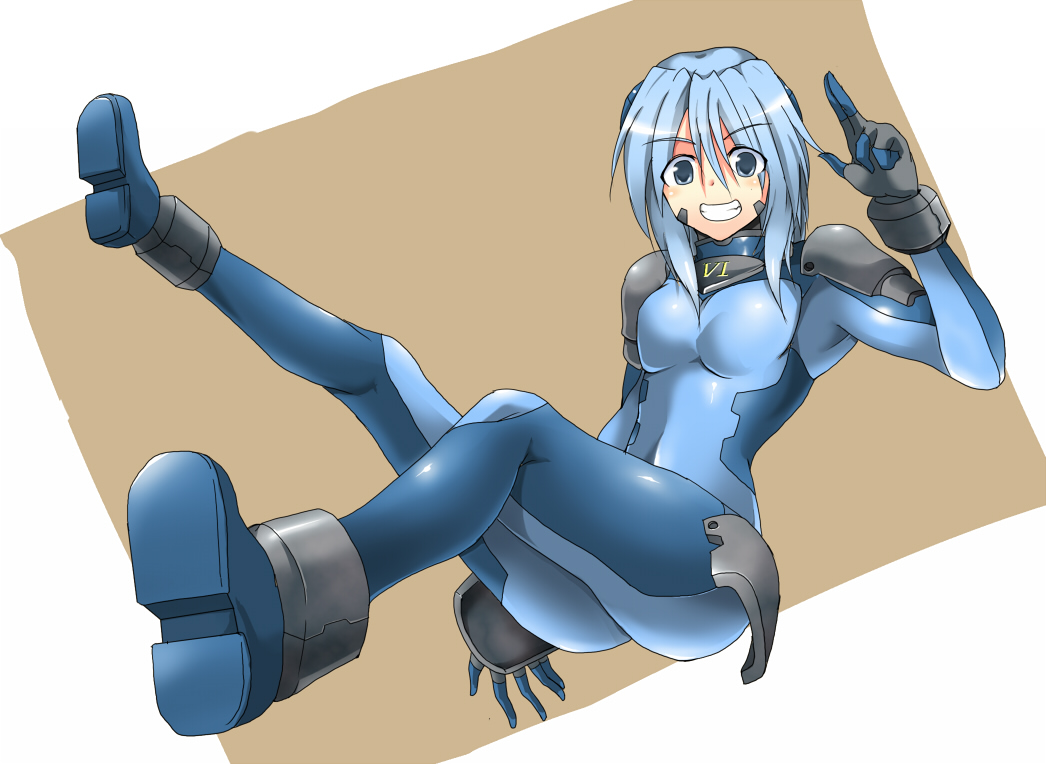ment, numbers (nanoha), sein (nanoha), lyrical nanoha, mahou shoujo lyrical nanoha, mahou shoujo lyrical nanoha strikers, eyebrows, 00s, 1girl, blue eyes, blue hair, bodysuit, female focus, matching hair/eyes, solo