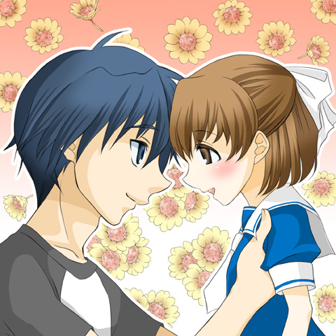 kadono uranus, okazaki tomoya, okazaki ushio, clannad, lowres, 00s, age difference, blue eyes, blue hair, brown eyes, brown hair, dress, eye contact, father and daughter, flower, looking at another, sailor, school uniform, sunflower