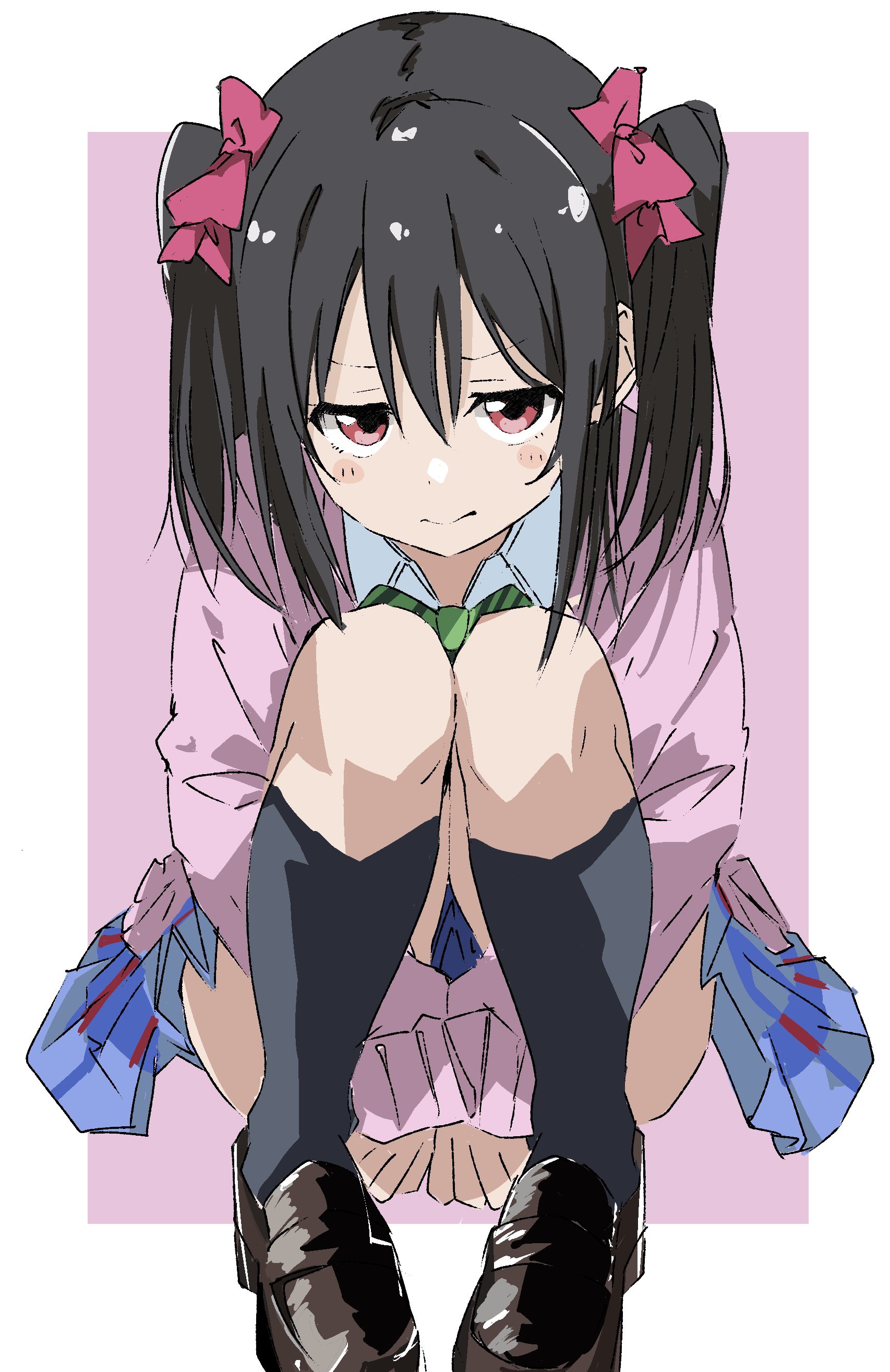maho ron1, yazawa nico, love live!, absurdres, commentary request, highres, 1girl, black hair, black socks, blush, hair ribbon, loafers, looking at viewer, pink background, red eyes, ribbon, shoes, skirt, socks, solo