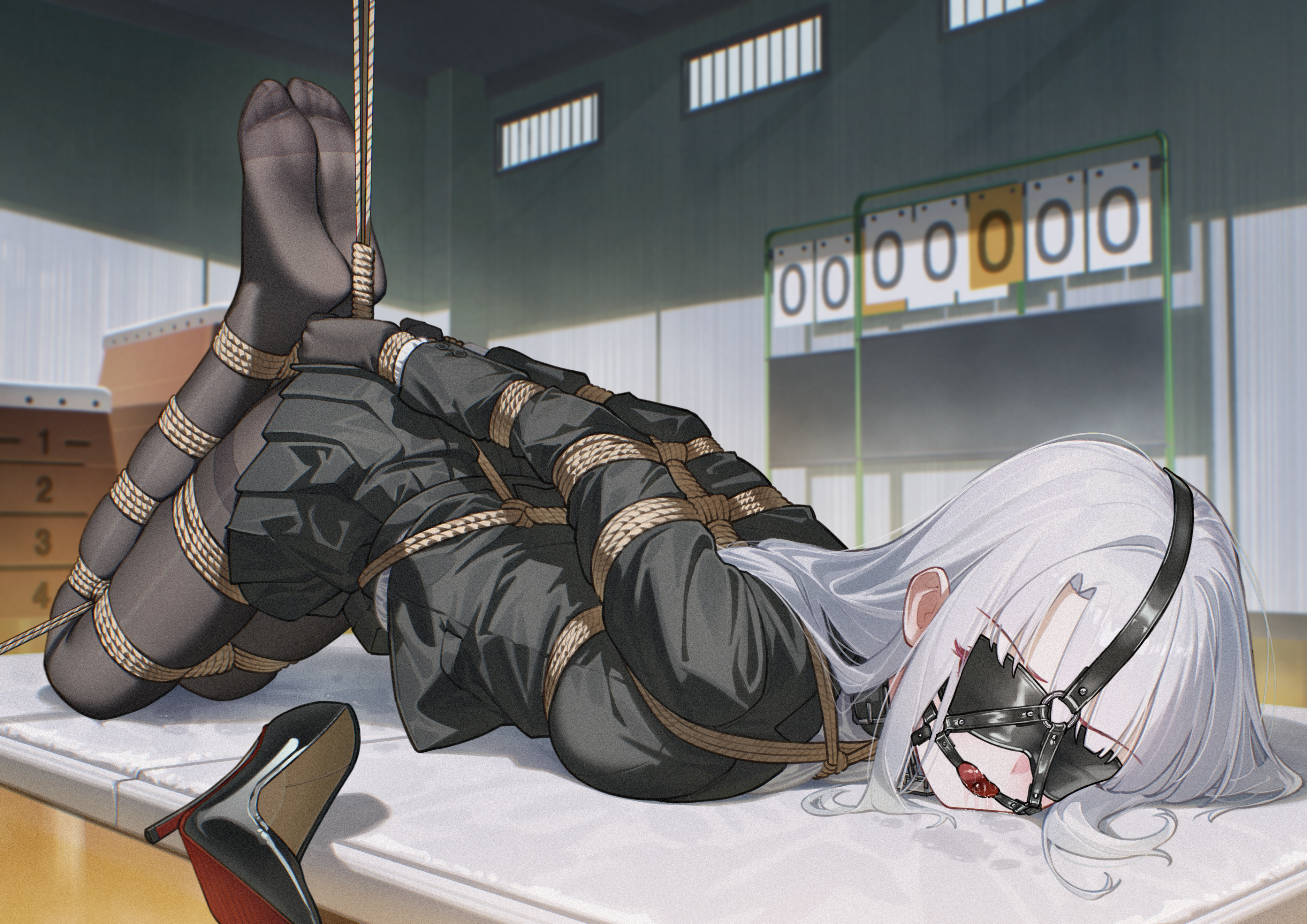original, absurdres, highres, arms behind back, ball gag, bdsm, black pantyhose, black serafuku, blazer, blindfold, blush, bondage, bound, bound arms, bound legs, breasts, drooling, gag, gag harness, gagged, high heels, hogtie, hua pen zuo yao ni, indoors, jacket, long hair, medium breasts, no shoes, pantyhose, restrained, school uniform, serafuku, shibari, shibari over clothes, skindentation, white hair, wiffle gag
