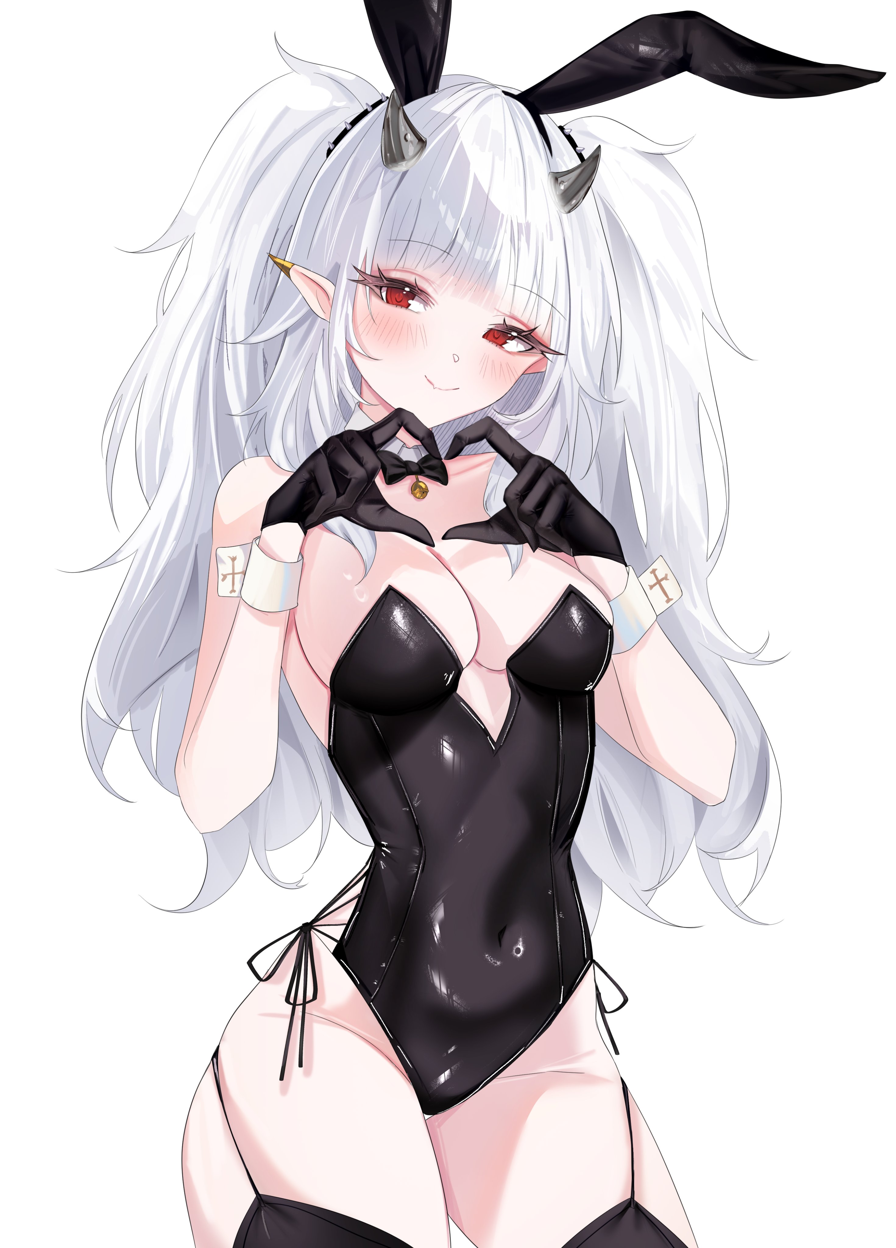miuq chan, lucy pyre, indie virtual youtuber, absurdres, commentary, hashtag-only commentary, highres, 1girl, animal ear hairband, animal ears, black gloves, black hairband, black leotard, black thighhighs, blush, breasts, cleavage, closed mouth, covered navel, cowboy shot, demon horns, fake animal ears, four-finger heart hands, gloves, hairband, hands up, heart, heart hands, horns, leotard, long hair, looking at viewer, medium breasts, pointy ears, rabbit ears, red eyes, side-tie leotard, simple background, smile, solo, strapless, strapless leotard, thighhighs, very long hair, virtual youtuber, white background, white hair, white wrist cuffs, wrist cuffs
