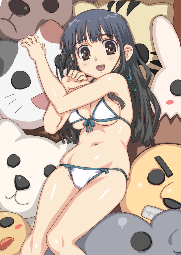 hirose (mokiki), original, character request, bikini, black hair, breasts, brown eyes, cleavage, large breasts, long hair, lying, navel, pillow, solo, swimsuit, white bikini