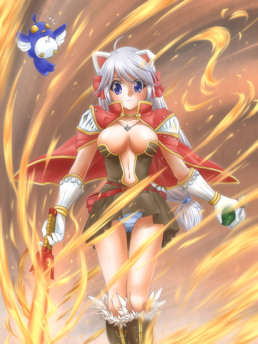 shinozuki takumi, creator (ragnarok online), filir (ragnarok online), ragnarok online, commentary request, highres, 1girl, 2000s (style), ahoge, animal ears, bird, blue bird, blue panties, blush, boots, bow, breasts, brown boots, brown dress, cape, cat ears, cat girl, cat tail, closed mouth, dress, expressionless, fire, flaming sword, flaming weapon, fur-trimmed boots, fur trim, gloves, grey hair, hair bow, holding, holding sword, holding weapon, large breasts, long hair, looking down, low-tied long hair, molotov cocktail, navel, panties, pantyshot, plunging neckline, purple eyes, red bow, red cape, short dress, solo, standing, strapless, strapless dress, sword, tail, underwear, weapon, white gloves
