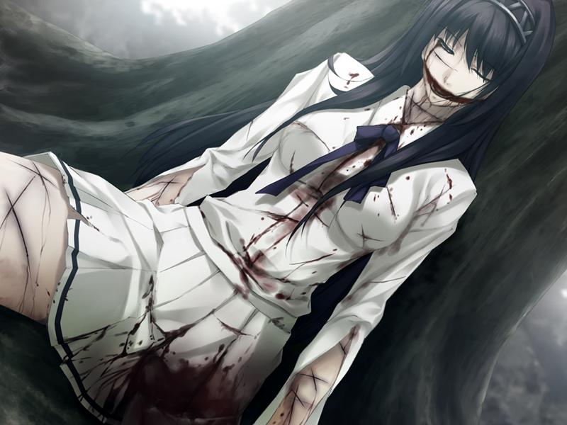 sugina miki, tsukishima orihime, innocent grey, kara no shoujo, game cg, spoilers, 1girl, against tree, amputee, black hair, bleeding, blood, cuts, death, deep wound, dutch angle, dying, female focus, glasgow smile, guro, hairband, injury, long hair, one eye closed, outdoors, school uniform, skirt, solo, tree, wink