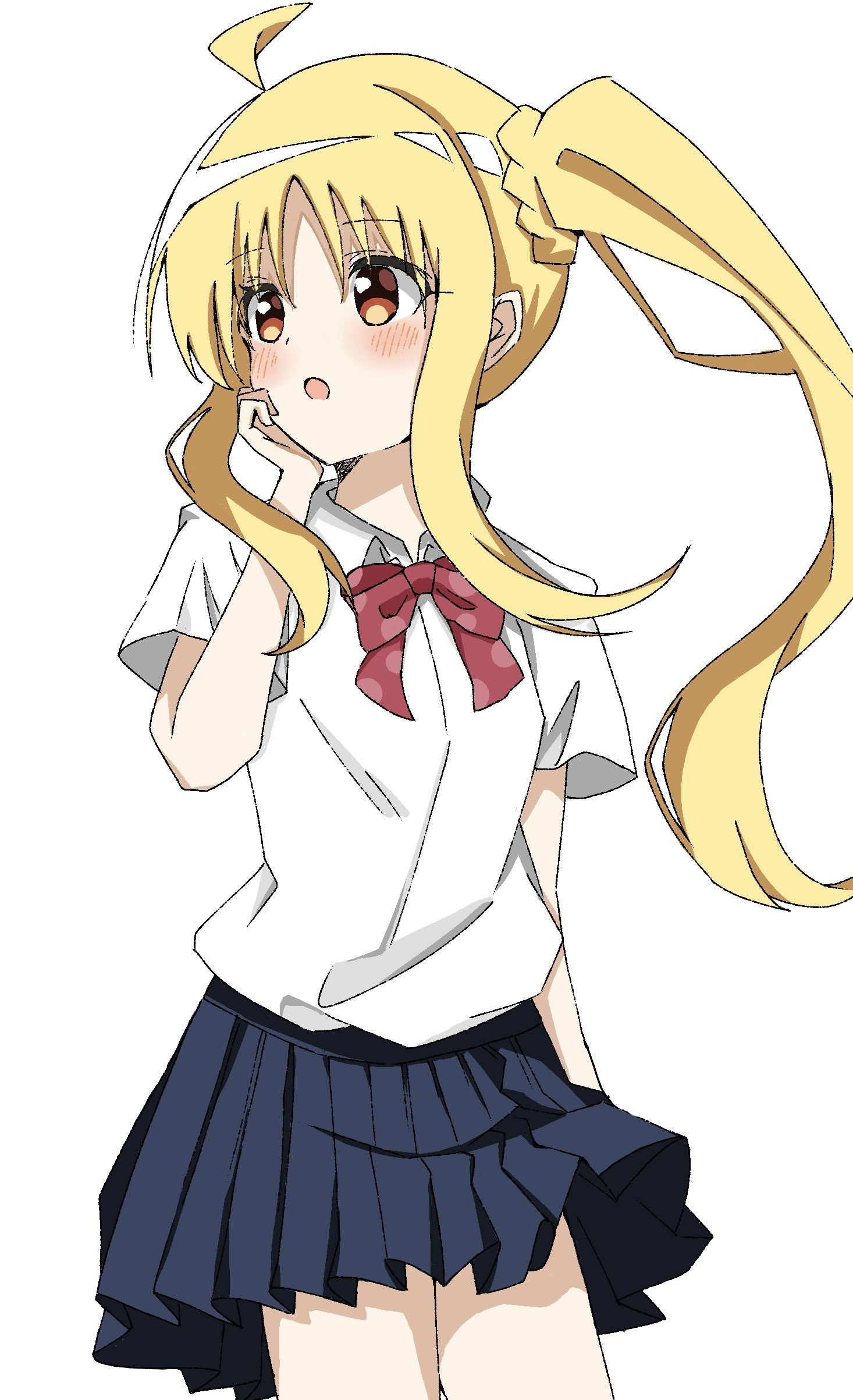 maho ron1, ijichi nijika, bocchi the rock!, absurdres, commentary request, highres, 1girl, blush, clothes lift, doritos hair (meme), meme, open mouth, red eyes, ribbon, simple background, skirt, skirt lift, solo, white background