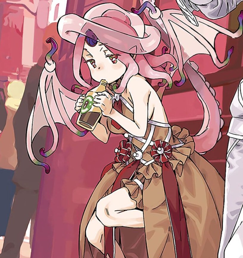 haimura kiyotaka, accelerator (toaru majutsu no index), qliphah puzzle 545, toaru majutsu no index, toaru majutsu no index: new testament, commentary, cropped, english commentary, novel illustration, official art, third-party source, 1boy, 1girl, armpits, bag, bare arms, bare shoulders, bottle, breasts, bright pupils, building, crowd, demon girl, demon wings, dress, drinking, feet out of frame, floating clothes, frilled dress, frills, from side, gradient hair, grey dress, hair between eyes, hair bun, headgear, high collar, holding, holding bottle, hole in head, horizontal pupils, jacket, large breasts, looking at viewer, medium hair, multicolored eyes, multicolored hair, necktie, out of frame, pants, paper bag, pink hair, pointy ears, purple eyes, rags, red necktie, red ribbon, ribbon, sharp teeth, sideboob, sitting, sleeveless, squid girl, standing, standing on one leg, symbol-shaped pupils, tail, teeth, tentacle hair, tentacle tail, tentacles, v-shaped eyebrows, white jacket, white pants, wings, winter clothes, yellow pupils