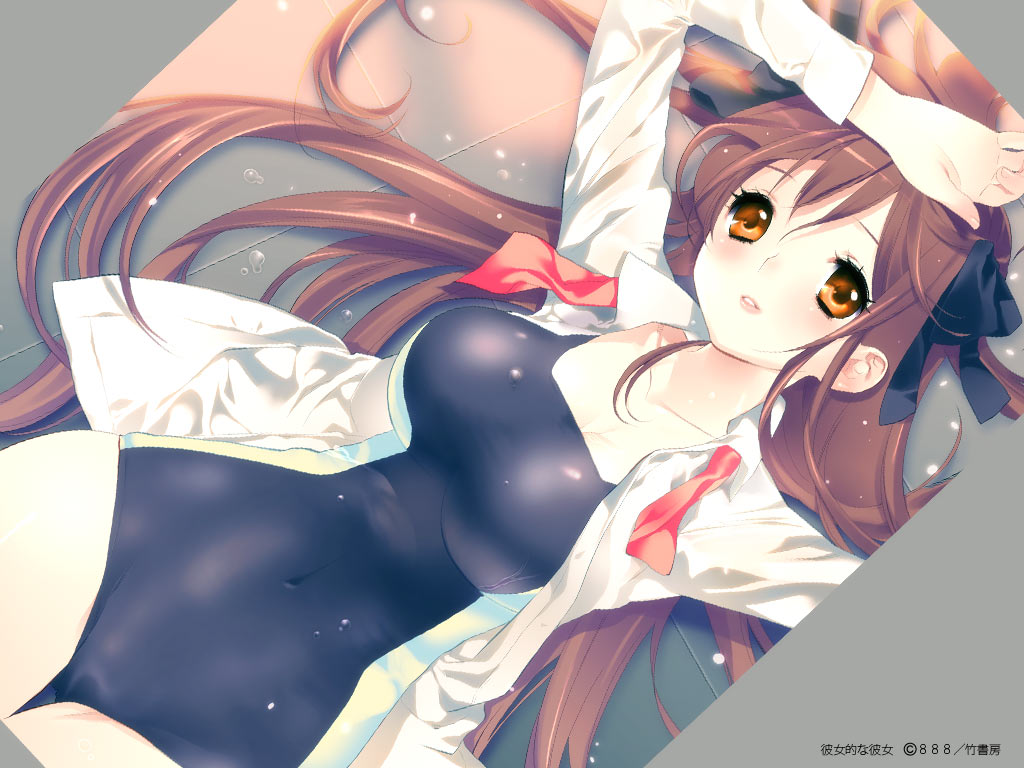 888, tagme, brown hair, long hair, one-piece swimsuit, solo, swimsuit