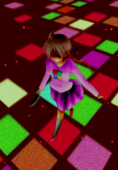 madotsuki, yume nikki, bad id, bad pixiv id, 1girl, brown hair, female focus, knife, pink shirt, purple skirt, shirt, skirt, solo, twintails