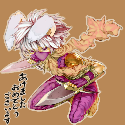 oyama yoihaya, assassin (ragnarok online), ragnarok online, commentary request, lowres, translation request, 1boy, animal ears, armor, brown background, dagger, dual wielding, fake animal ears, fingerless gloves, full body, gloves, grey scarf, holding, holding dagger, holding knife, holding weapon, jamadhar, jumping, knife, looking at viewer, male focus, mask, mouth mask, ninja mask, pants, pauldrons, purple gloves, purple pants, purple shirt, rabbit ears, scarf, shirt, short hair, shoulder armor, simple background, solo, spiked hair, weapon, white hair