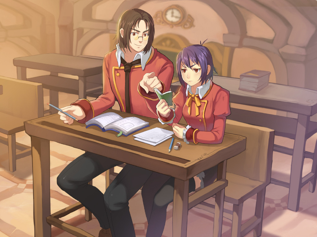 caesty, ispin charles, maximin liebkne, nexon, tales weaver, commentary, english commentary, official art, bench, black necktie, black pants, black skirt, black thighhighs, blurry, blurry background, book, bookmark, brown eyes, brown hair, brown shoes, buttons, classroom, clock, closed mouth, collared shirt, dated commentary, eraser, frown, glasses, gold buttons, hair between eyes, holding, holding pencil, indoors, jacket, juliet sleeves, long sleeves, lowered eyelids, medium hair, necktie, nenyaffle, nenyaffle school uniform, open book, pants, paper, parted bangs, parted hair, pencil, petticoat, pince-nez, pleated skirt, pointing, puffy sleeves, purple hair, red jacket, red sleeves, ribbon, round eyewear, school uniform, shirt, shoes, sitting, skirt, sleeve cuffs, smile, table, thighhighs, undershirt, v-shaped eyebrows, white shirt, wing collar, yellow ribbon