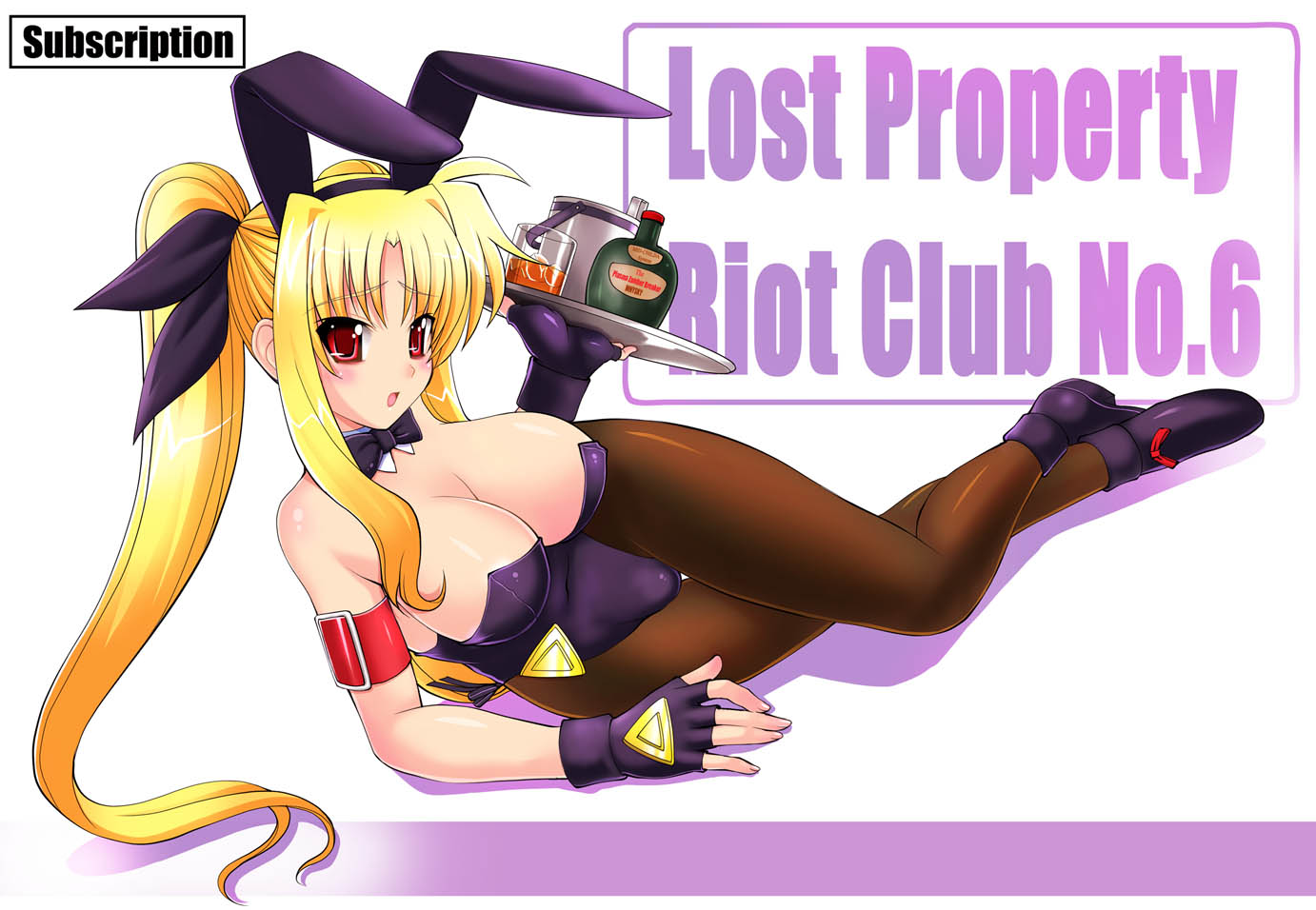 kakogawa tarou, fate testarossa, lyrical nanoha, mahou shoujo lyrical nanoha, mahou shoujo lyrical nanoha strikers, 00s, 1girl, animal ears, blonde hair, boots, bottle, brandy, breasts, cleavage, fake animal ears, female focus, fingerless gloves, gloves, large breasts, long hair, lying, on side, pantyhose, playboy bunny, rabbit ears, red eyes, solo, tray, twintails, very long hair