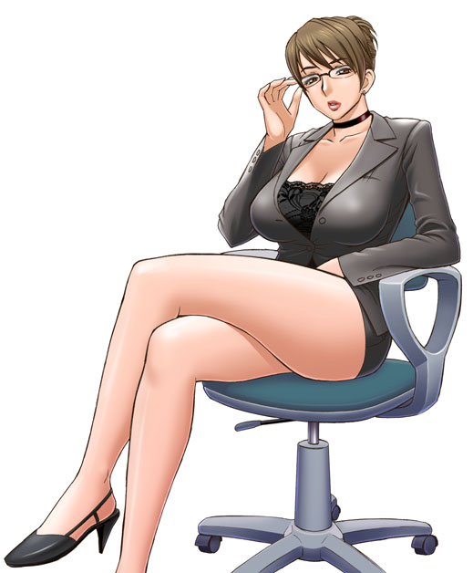 tatsunami youtoku, third-party edit, 1girl, adjusting eyewear, breasts, chair, choker, cleavage, crossed legs, female focus, formal clothes, glasses, high heels, huge breasts, jacket, office lady, pencil skirt, pumps, shoes, simple background, sitting, skirt, skirt suit, solo, suit, swivel chair
