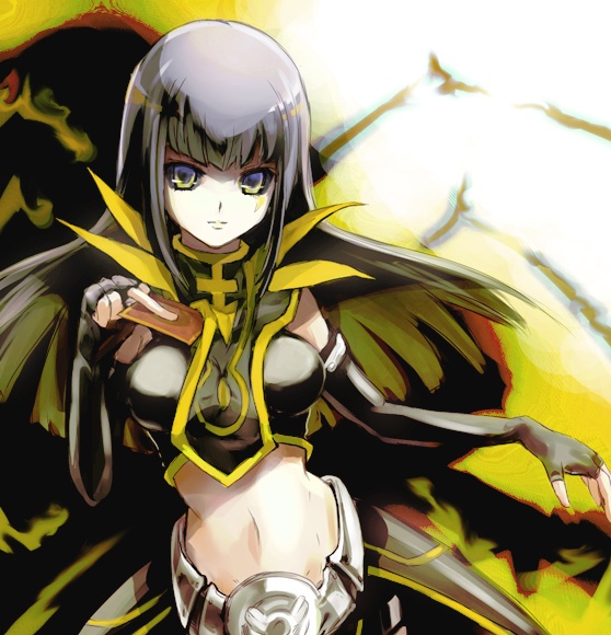 eu (pixiv1909), carly nagisa, earthbound immortal aslla piscu, yu-gi-oh!, yu-gi-oh! 5d's, bad id, bad pixiv id, 00s, 1girl, belt, card, dark signer, duel monster, elbow gloves, female focus, gloves, green hair, holding, holding card, long hair, midriff, solo