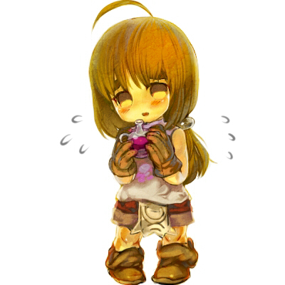 oyama yoihaya, novice (ragnarok online), ragnarok online, commentary request, lowres, 1girl, ahoge, blush, brown eyes, brown gloves, brown hair, brown shoes, brown shorts, chibi, chibi only, flying sweatdrops, full body, gloves, grey shirt, long hair, looking at viewer, low ponytail, open mouth, ponytail, potion, shirt, shoes, shorts, simple background, sleeveless, sleeveless shirt, solo, standing, white background