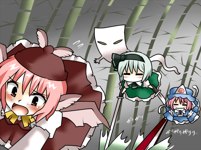 lilish, konpaku youmu, konpaku youmu (ghost), mystia lorelei, saigyouji yuyuko, touhou, silver hair, 3girls, = =, bamboo, bamboo forest, chasing, chibi, closed eyes, drooling, female focus, forest, hairband, hand fan, hat, katana, multiple girls, nature, pink hair, short hair, sword, tears, weapon, wings, you gonna get eaten, you gonna get raped